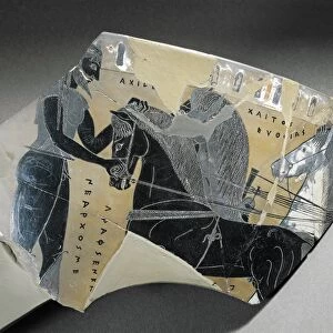 Fragment of Kantharos depicting Achilles before his horses, whose manes were able to predict future, by painter Nearchos, black-figure pottery