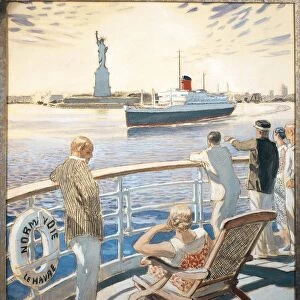 France, Amboise, Maiden voyage of the steam-ship Normandie, The entrance to New York harbor, watercolor