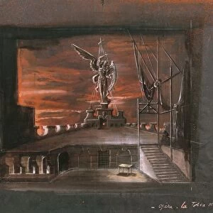 France, Paris, Set design for act III in opera Tosca by Giacomo Puccini (1858-1924), performance at Paris Opera, June 10, 1960