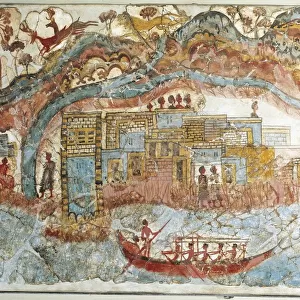 Fresco depicting a ship procession from Akrotiri, Thera Island, Santorini, Greece, detail, a coastal town