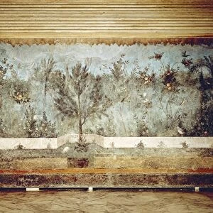Fresco of the Triclinium in the House of Livia, Rome. Detail with trees, flowers and birds. Roman civilization