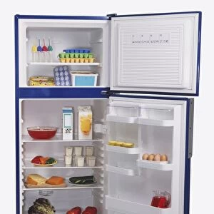 Fridge-freezer with its doors wide open, stocked with ice cube trays, frozen foods, drink cartons and bottles, fruit, vegetable, eggs and yoghurt pots, front view