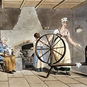 Three generations of women. Cottager spinning wool using simple wheel without treadle