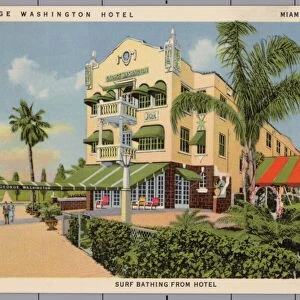 George Washington Hotel. ca. 1936, Miami Beach, Florida, USA, GEORGE WASHINGTON HOTEL. MIAMI BEACH, FLORIDA. SURF BATHING FROM HOTEL. GEORGE WASHINGTON HOTEL. GEORGE WASHINGTON HOTEL, Washington Ave. at 5th Street, MIAMI BEACH. Modern-Fireproof-Every Room with Private Bath-Beautyrest Mattresses-Centrally located- Tennis Court-American Plan-Excellent Cuisine-OPEN YEAR AROUND. A. E. REINEKING, Owner and Manager