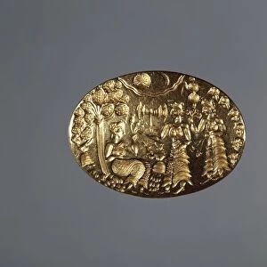 Gold signet ring with worship scene, female figures, landscape, sun and moon, from Mycenae, Acropolis treasure