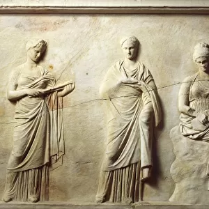 Greek civilization, Marble slab with relief attributed to School of Praxiteles, depicting Muses, from Mantinea, Greece