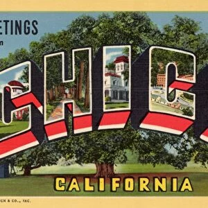 Greeting Card from Chico, California. ca. 1943, Chico, California, USA, C-State College: H-The Park: I-Bidwell Mansion: C-Richardson Springs: O-Esplanade-State Highway
