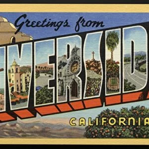 Greeting Card from Riverside. ca. 1939, Riverside, California, USA, Riverside - the county seat of Riverside County has a population of about 30, 000. Here is a progressive city of wondrous charm. In a setting of rolling hills and verdent valley, and a background of high mountains, here is preserved the atmosphere and friendliness of the old Spanish California ranchos