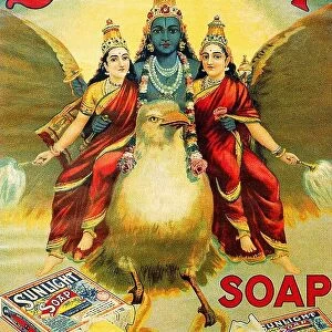 India: Advertising poster for Sunlight Soap featuring Vishnu and companions. 1930