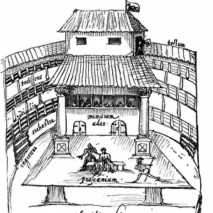 Interior of the Swan Theatre, Bankside, London, 1596, showing a performance in progress