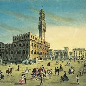 Italy, Florence, Piazza della Signoria, Palazzo Vecchio (Old Palace) and Loggia dei Lanzi in centre, Unknown artist, painting