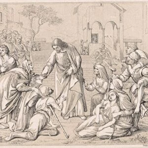 Jesus healing the multitudes. Wood engraving c1880. Bible New Testament
