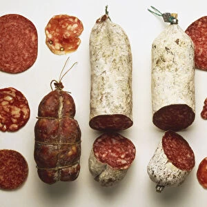 Large selection of smoked sausages, close up