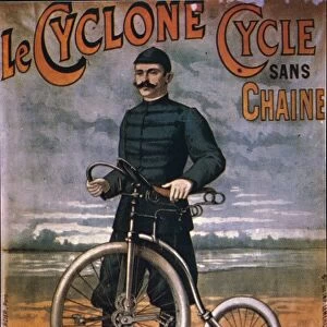 Le Cyclone Cycle sans chaine, advertisement for bicycle without chain, poster, early 1900s