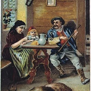 Little Red Riding Hood safe with her grandmother and the woodsman who has killed the wolf