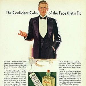 Man in Tuxedo, Advertisement for Williams Shaving Cream and Aqua Velva, "The Confident Calm of the Face That's Fit", USA, 1932