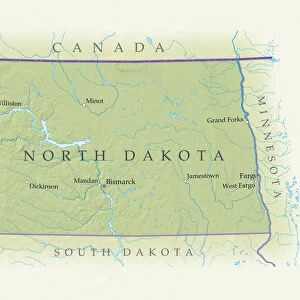 Map of North Dakota, close-up
