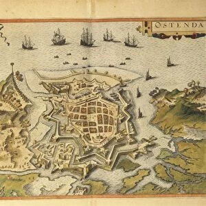Map of Ostend from Civitates Orbis Terrarum by Georg Braun, 1541-1622 and Franz Hogenberg, 1540-1590, engraving
