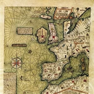 Map of Western Europe, North-western Africa and Atlantic Ocean, from Catalan Atlas created for Charles V, King of France, attributed to Abraham and Jafuda Cresques Maiorca, circa 1375