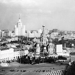 Moscow in the 1950s, the lower end of red square showing the spasskaya tower (right) and st, basils cathedral