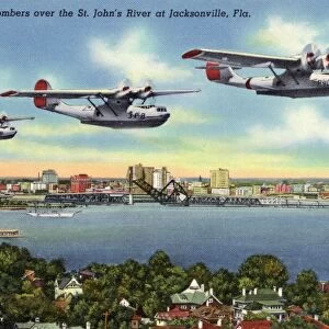 Navy Bombers Flying over the St. Johns River. ca. 1940, Jacksonville, Florida, USA, 76--U. S. Navy Bombers over the St. Johns River at Jacksonville, Fla. PLANES F. OFFICIAL PHOTOGRAPH U. S. NAVY. The US. Naval Air Station at Jacksonville, Fla. is one of the largest Naval Air Stations in the World. It is located on the St. Johns River, 10 miles south of downtown