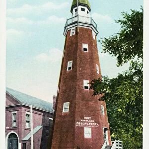 The Observatory, Munjoy Hill, Portland, ME. Postcard. ca. 1904-1905, Built in 1807 on Munjoy Hill on the eastern end of the Portland peninsula, the 86-foot tower, which stands 240 feet above sea level, was used to identify ships entering the harbor