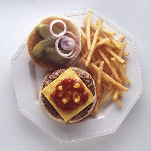 Open cheeseburger sandwich and fries on plate, onion and gherkins on one half of bun and burger, cheese slice and sauce on the other