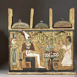 Painted wood shabti box depicting the deceased before Osiris, circa 1000 B. C. New Kingdom