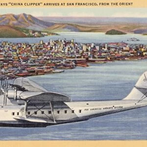 Pan-American Airways China Clipper. ca. 1936, San Francisco, California, USA, PAN-AMERICAN AIRWAYS CHINA CLIPPER ARRIVES AT SAN FRANCISCO, FROM THE ORIENT. ARRIVAL OF THE CHINA CLIPPER, 5 1 / 2 DAYS OUT OF THE ORIENT. After a 9, 000 mile Trans-Pacific sky voyage. This luxurious flying ship is one of a fleet of three Clipper Ships, China, Hawaii and Philippine, operated on regular weekly trips between California and the Orient by Pan-American Airways System. Stops are made at the Hawaiian, Midway, Wake, Guam, and Philippine Islands, en route, reducing a months sea voyage to five and one-half days. These ships are capable of carrying a ton of mail and express-will accommodate forty seated or eighteen sleeping passengers on a normal flight. The ships have a fuel capacity for a flight of 3, 000 miles, with a high speed of 180 miles per hour. Pictorial Wonderland ART-TONE SERIES