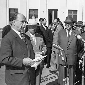 The party-government delegation from the gdr arrive in moscow, 1959, walter ulbricht making a speech at vnukovo airfield as khrushchev looks on