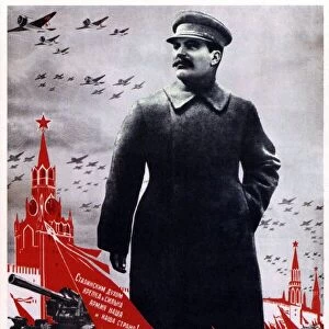 Patriotic poster depicting Stalin as the leader of the military