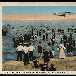 Postcard of Airplane Flying over Beach at Cedar Point. ca. 1916, FINEST FRESH WATER BEACH IN THE WORLD, CEDAR POINT, OHIO