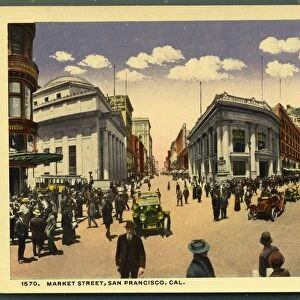 Postcard of Market Street in San Francisco. ca. 1915, Pedestrians stroll along Market Street in San Franciso at the time of the Panama-Pacific International Exposition in 1915