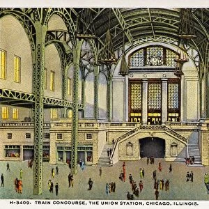 Postcard of the Train Concourse at Chicagos Union Station. ca. 1912, Train Concourse, The Union Station, Chicago, Illnois. Quick access to and from trains is the outstanding feature of Chicago new Union Station. The Train Concourse, covering an area of 60, 000 square feet, is a vaulted building occupying the center of the Plaza between Canal Street and the River. H-3409