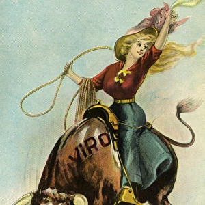 Postcard of a Woman Riding a Bull. ca. 1913, Postcard of a Woman Riding a Bull