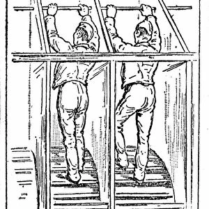 Prison discipline: Prisoners at hard labour on the treadwheel in an English local jail