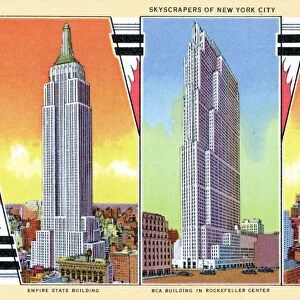 Prominent Skyscrapers of New York. ca. 1936, New York, New York, USA, 211 SKYSCRAPERS OF NEW YORK CITY. EMPIRE STATE BUILDING, RCA BUILDING IN ROCKEFELLER CENTER, CHRYSLER BUILDING. The highest buildings in the world are in New York City. Empire State Building with 102 floors tops them all and next is the Chrysler Building with 77 floors. The RCA Building in Rockefeller Center contains 70 floors. All these buildings have observation towers from which one may see all of New York City and many miles beyond