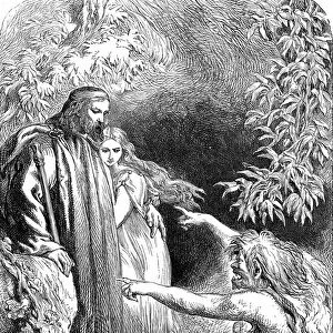 Prospero, holding his daughter Miranda, regards Caliban, a savage, deformed, sub-human creature