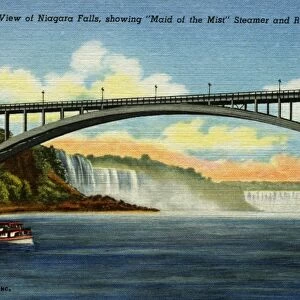 Rainbow Bridge near Niagara Falls. ca. 1947, Buffalo, New York, USA, 148-General View of Niagara Falls, showing Maid of the Mist Steamer and Rainbow Bridge