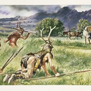 Reconstruction of daily life and environment of primitive people, hunting scene, drawing