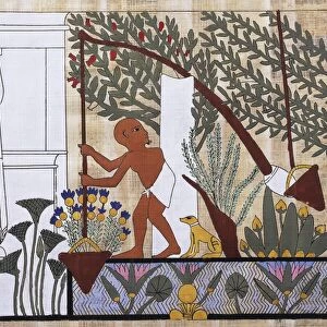 Reconstruction of fresco depicting peasant drawing water with shadow for irrigation, from Tomb of Ipi