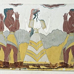 Reconstruction of fresco of Procession, found in Palace of Knossos, detail: young men carrying offerings to goddess