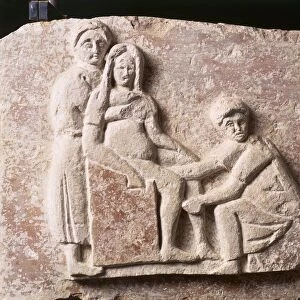 Relief depicting childbirth scene, from tomb of Scribonia Attica at necropolis of Isola Sacra, Rome, Italy