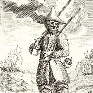Robinson Crusoe, barefoot and dressed in goatskins, pictured on the island where