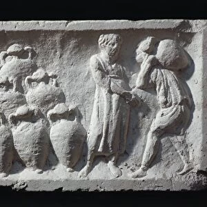 Roman civilization, bas-relief depicting Roman cellar with amphorae wine ware
