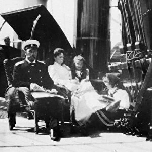 The royal couple of russia, tsar nicholas ll and tsarina alexandra fyodorovna aboard the royal yacht with two of their children