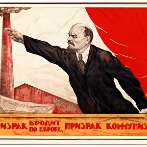 Russia: Lenin Points the Way to Communism against a Backdrop of Smokestacks. Revolutionary poster, V. Sherbakov, 1920