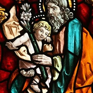 San Jeronimos church. Stained glass. Joseph and Jesus