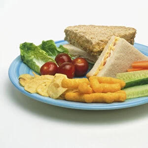 Two sandwiches, made with white and wholemeal bread, and carrots, cucumbers, salad, cherries and crisps, on a blue plate