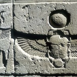 Scarab beetle and vulture wings under disk of the sun. Limestone relief, Edfu